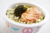 Pavé de saumon à la purée de brocolis et riz
